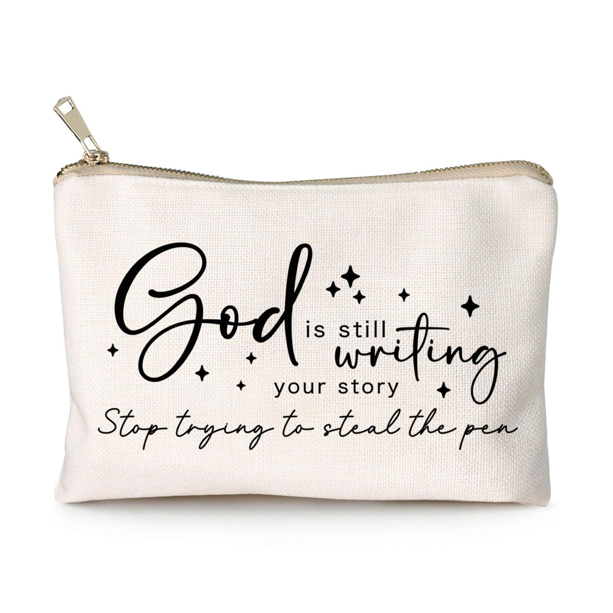 HubbgDesign Christian Quotes Makeup Bag front view with golden brass zipper