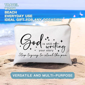 HubbgDesign Christian Quotes Makeup Bag with cosmetics arranged inside