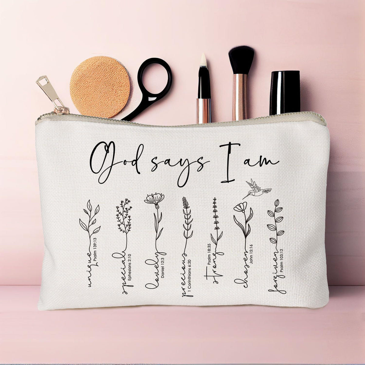 HubbgDesign God Says You Are Cosmetic Bag styled with accessories