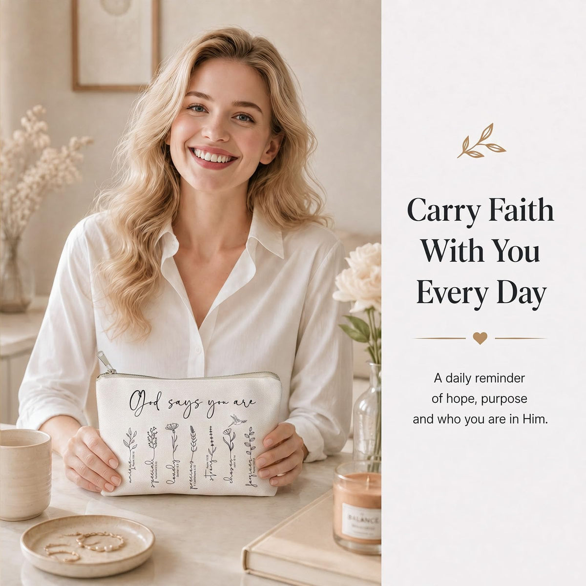 HubbgDesign God Says You Are Makeup Bag in neutral colour on a vanity