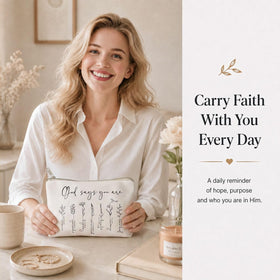 HubbgDesign God Says You Are Makeup Bag in neutral colour on a vanity