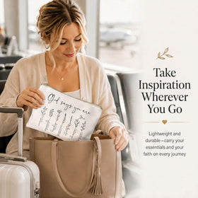 HubbgDesign God Says You Are Makeup Bag lifestyle shot in a travel setting