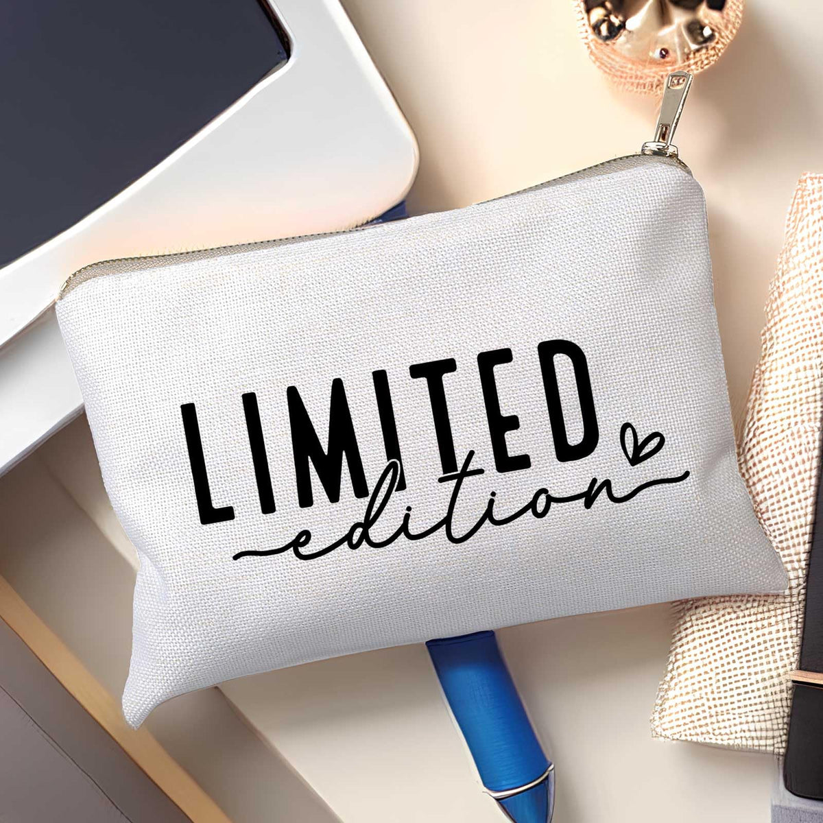 HubbgDesign Limited Edition Makeup Bag side view showing dimensions