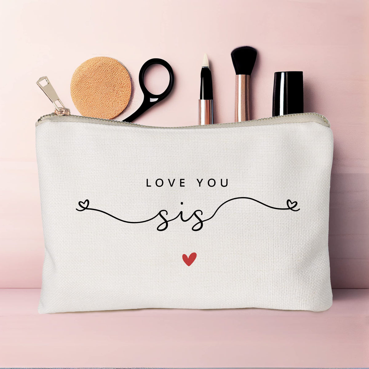 HubbgDesign Love You Sister Makeup Case displayed with other beauty accessories