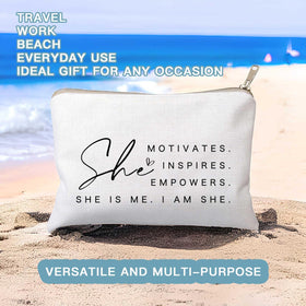HubbgDesign Motivational Cosmetic Bag displayed with makeup products