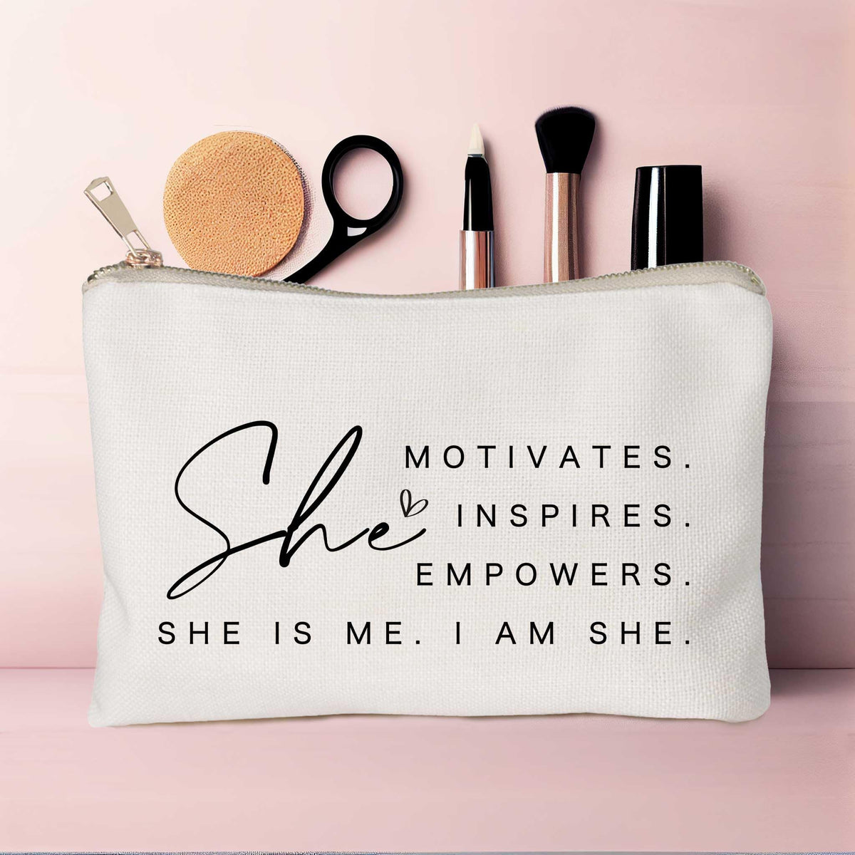 HubbgDesign Motivational Cosmetic Bag in a lifestyle setting