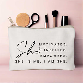 HubbgDesign Motivational Cosmetic Bag in a lifestyle setting