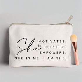 HubbgDesign Motivational Cosmetic Bag opened showing storage capacity