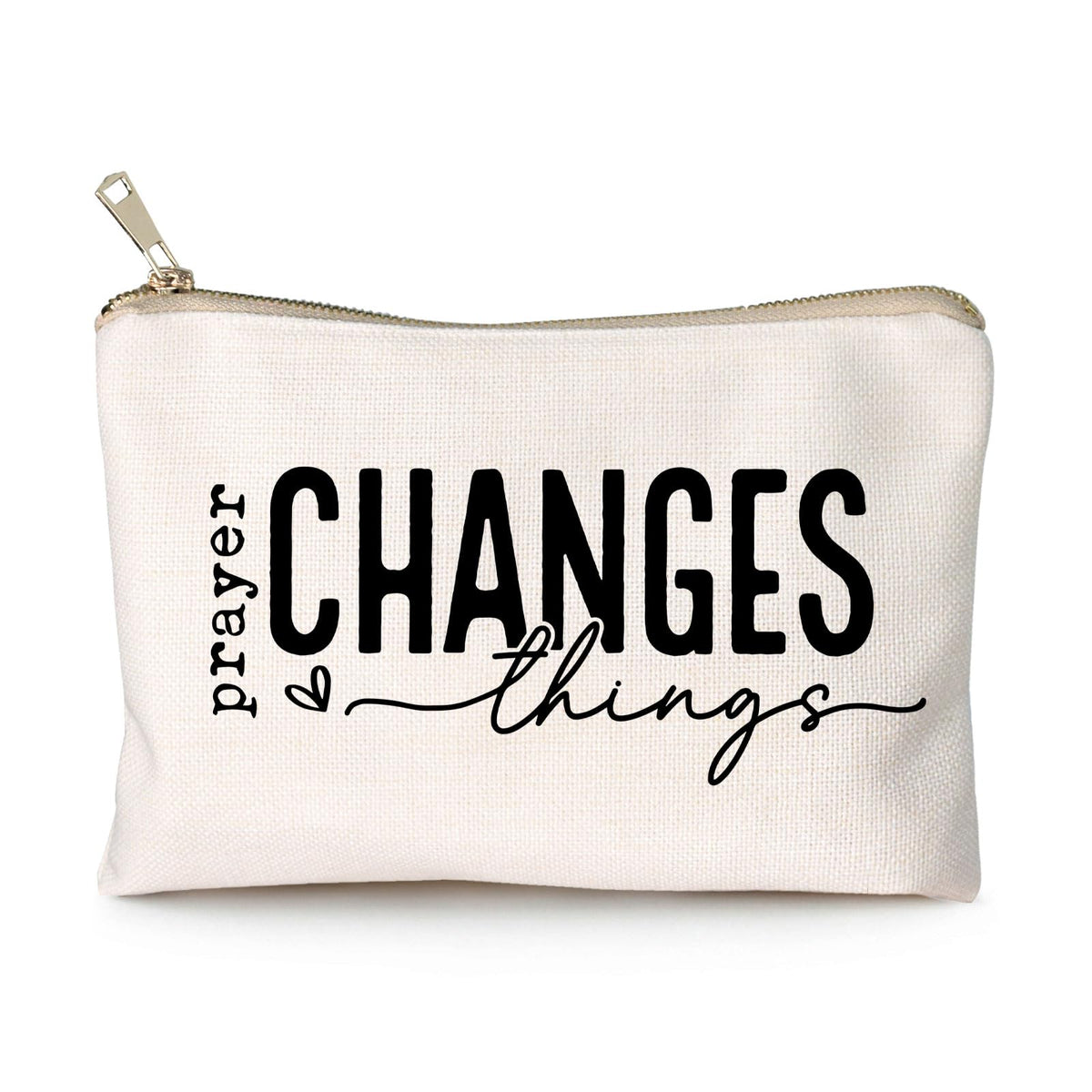 HubbgDesign Prayer Changes Things Makeup Bag front view with Bible verse