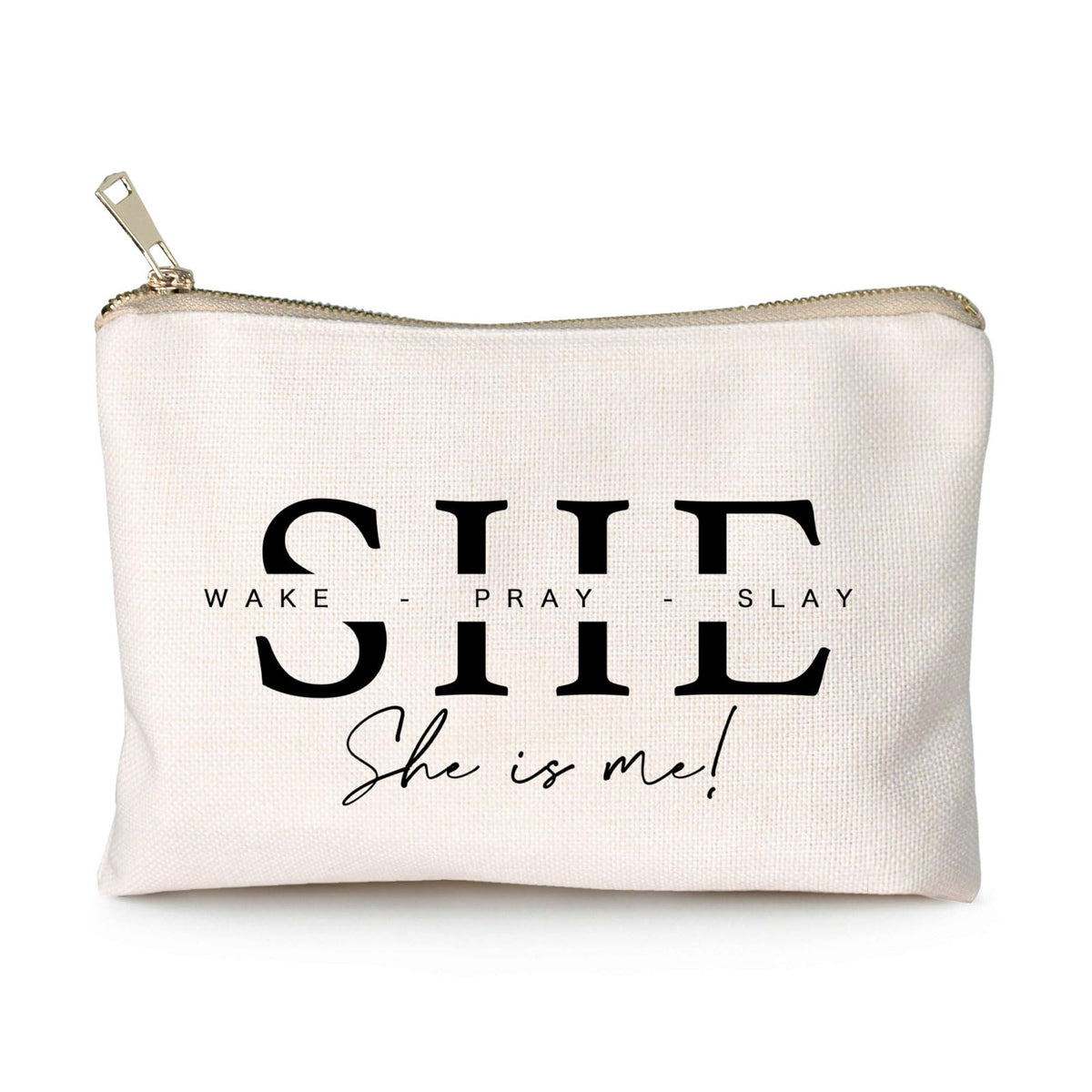HubbgDesign She Wake Pray Slay Makeup Bag front view with golden brass zipper