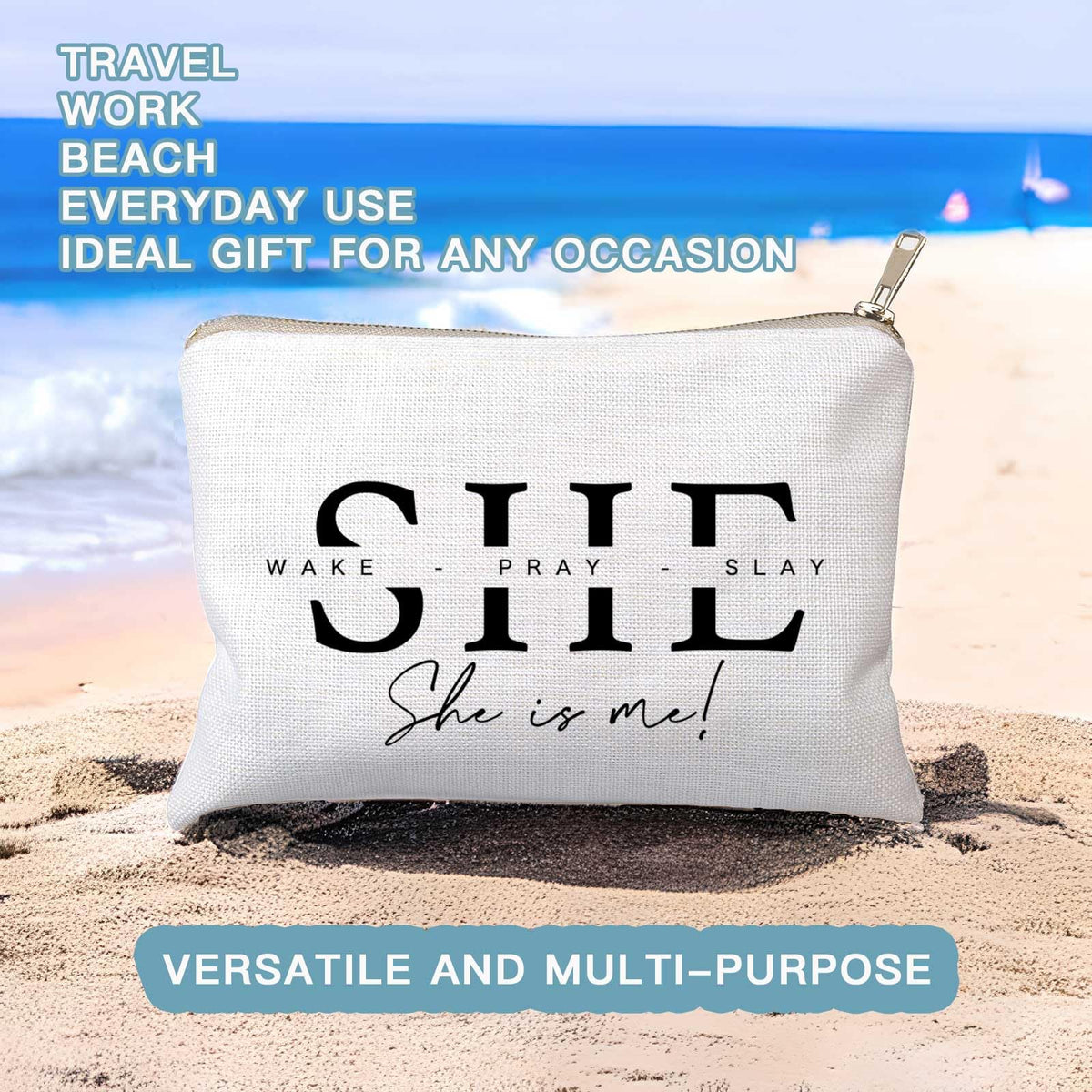 HubbgDesign She Wake Pray Slay Makeup Bag styled with travel accessories