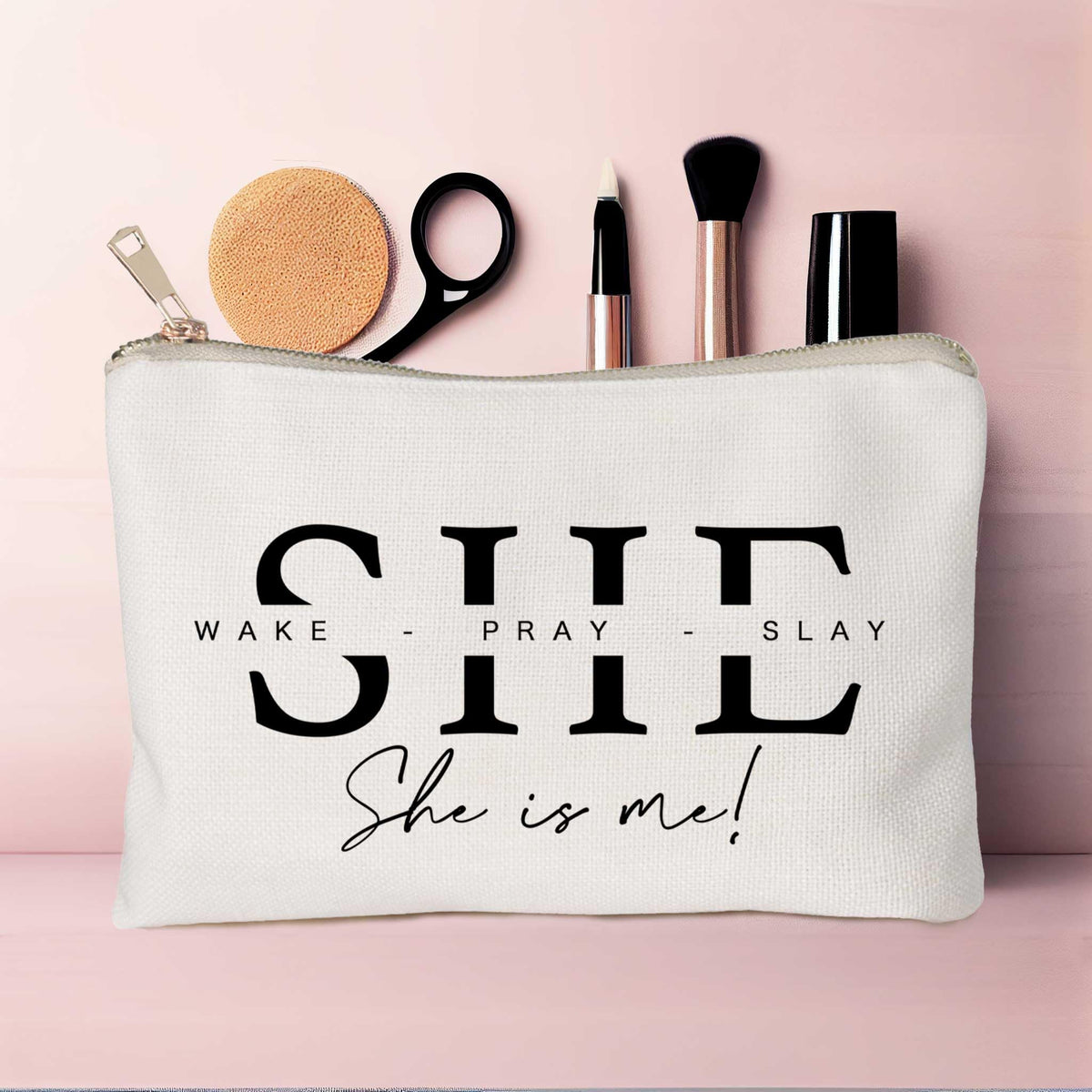 HubbgDesign She Wake Pray Slay Makeup Bag with inspirational text visible