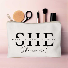 HubbgDesign She Wake Pray Slay Makeup Bag with inspirational text visible