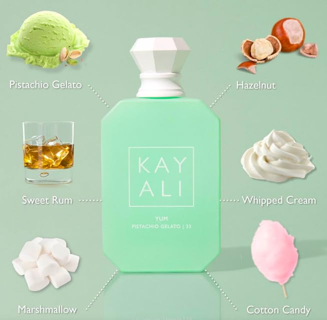 Huda Yum Pistachio Gelato Eau de Parfum Intense 50ml bottle side view