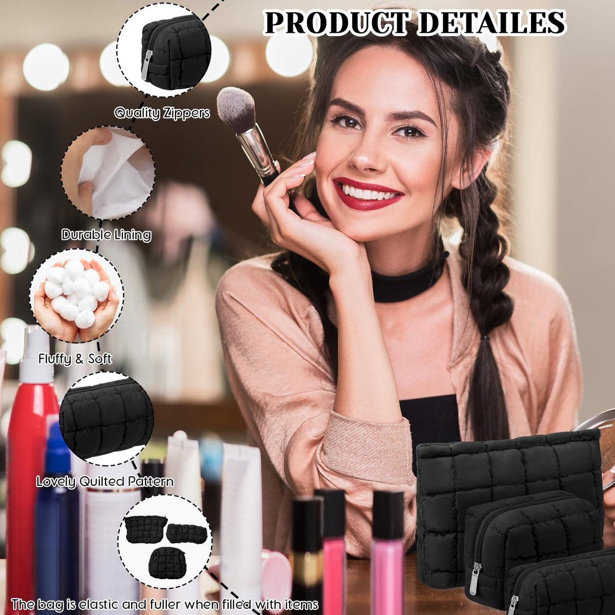 Huhumy black makeup bag with zipper detail