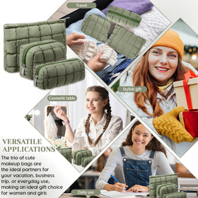 Huhumy green quilted cosmetic bag set with makeup items