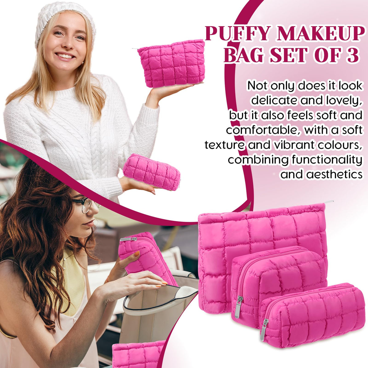 Huhumy hot pink cosmetic bag set on a vanity with makeup items