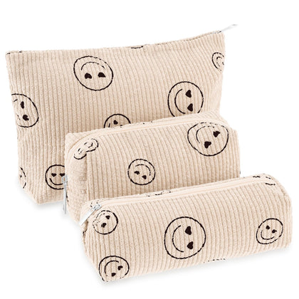 Huhumy makeup bag set front view showing cute smiley design