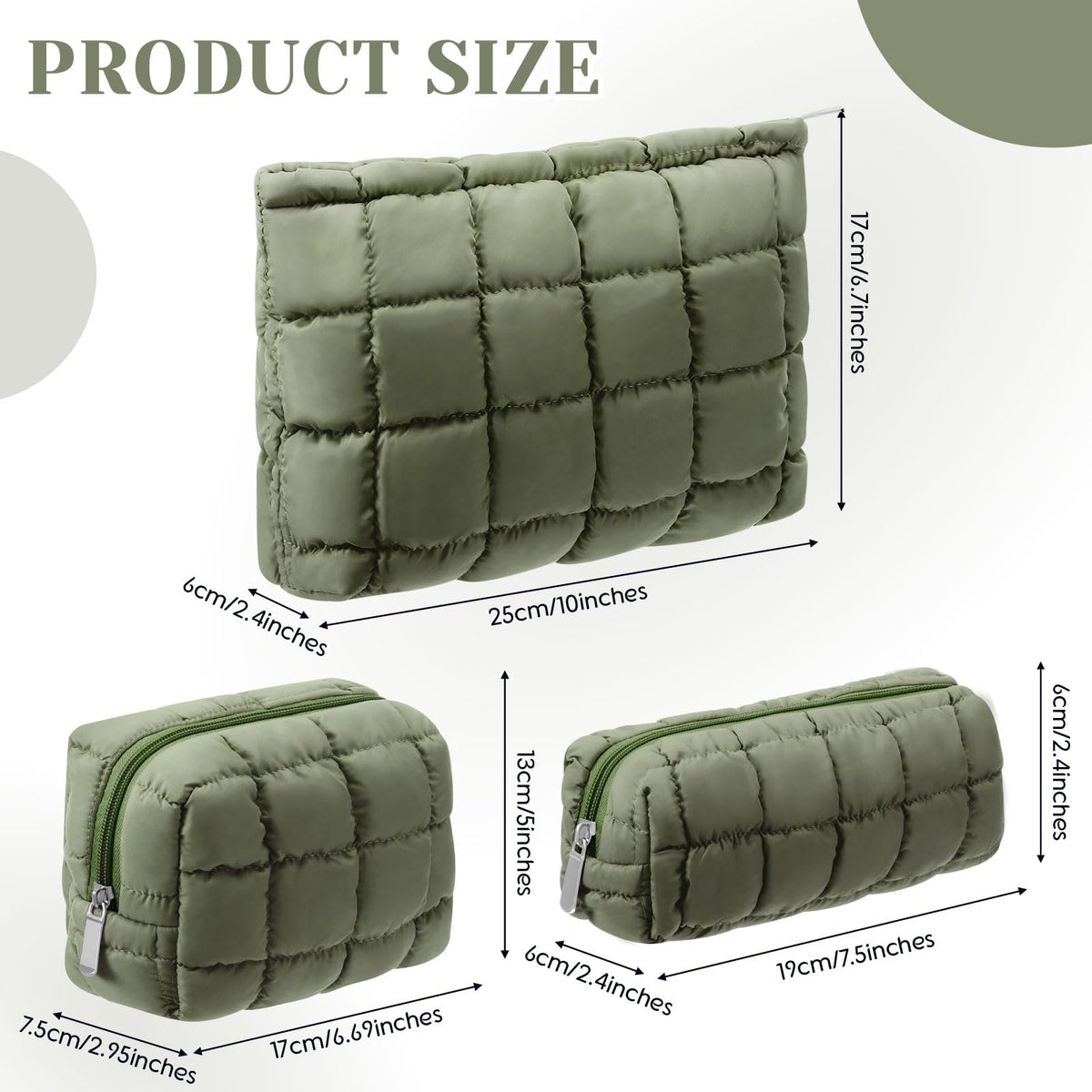 Huhumy medium green quilted cosmetic bag, top view