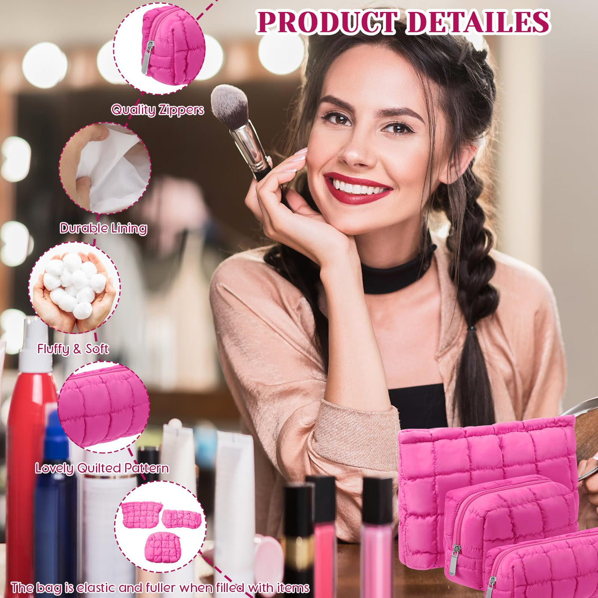 Huhumy medium-sized hot pink makeup bag, open view