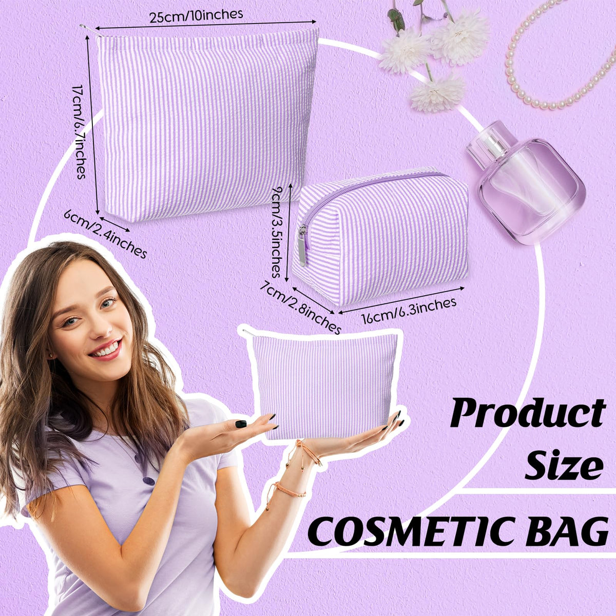 Huhumy purple makeup pouch set, showing size variations