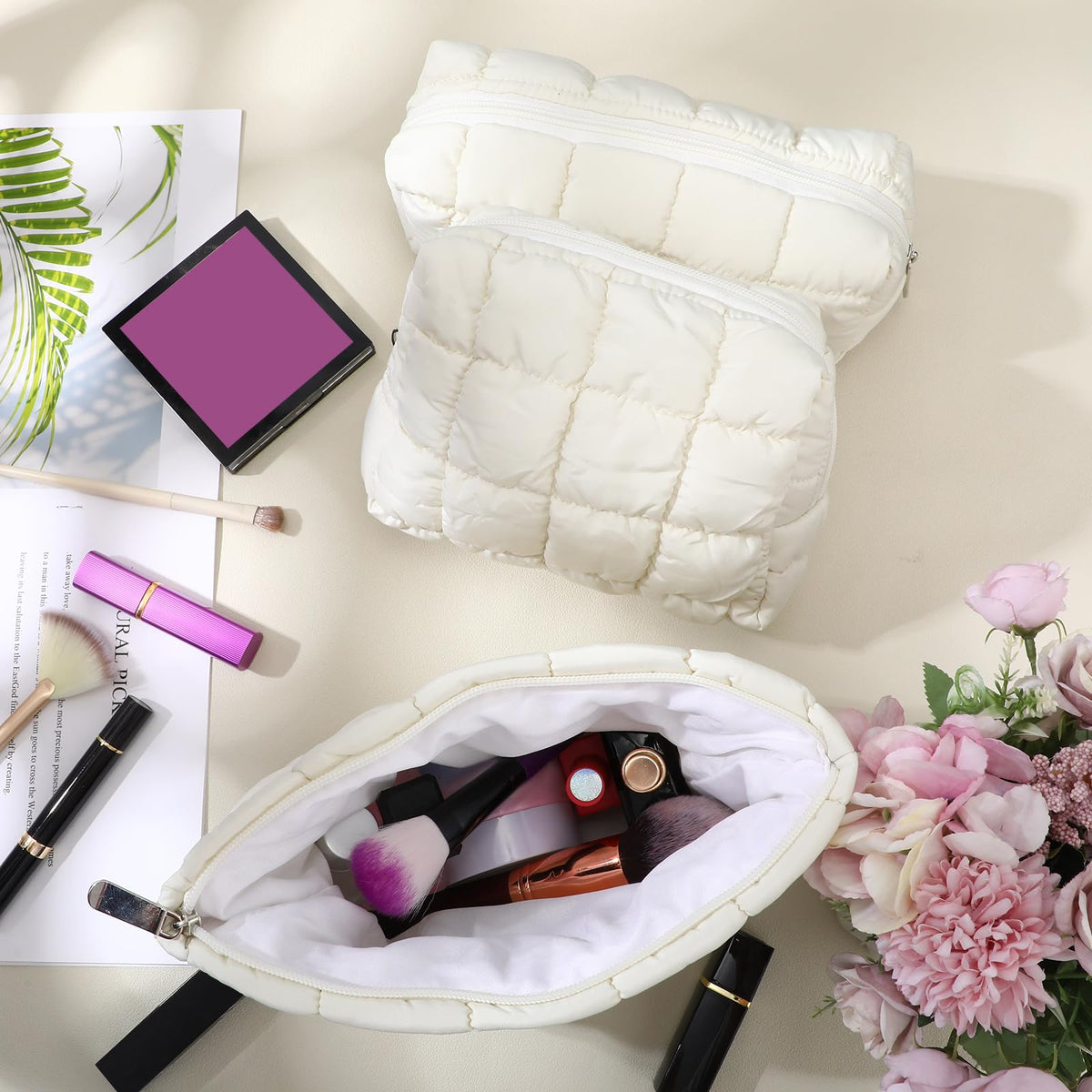 Huhumy Quilted Cosmetic Bag inside view showing soft lining