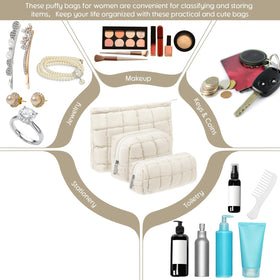 Huhumy Quilted Cosmetic Bag set arranged with makeup products
