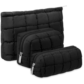 Huhumy Quilted Cosmetic Bag Set in Black, front view