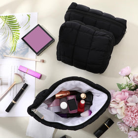 Huhumy Quilted Cosmetic Bag Set in use with makeup items