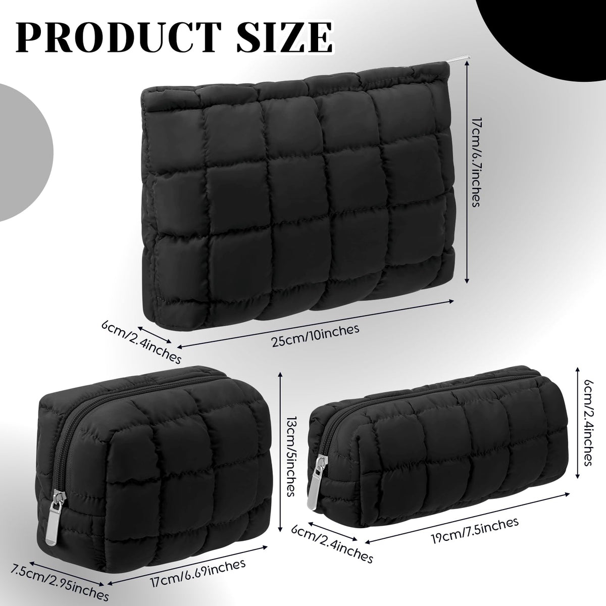 Huhumy Quilted Cosmetic Bag Set showing three sizes