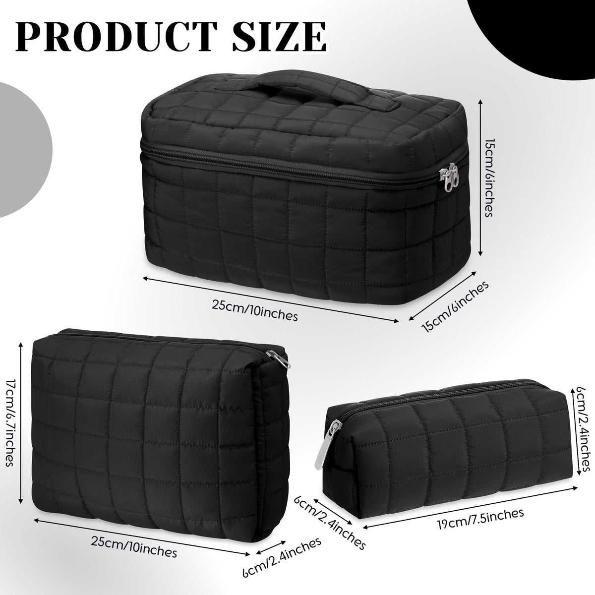 Huhumy quilted cosmetic pouch set showing different sizes