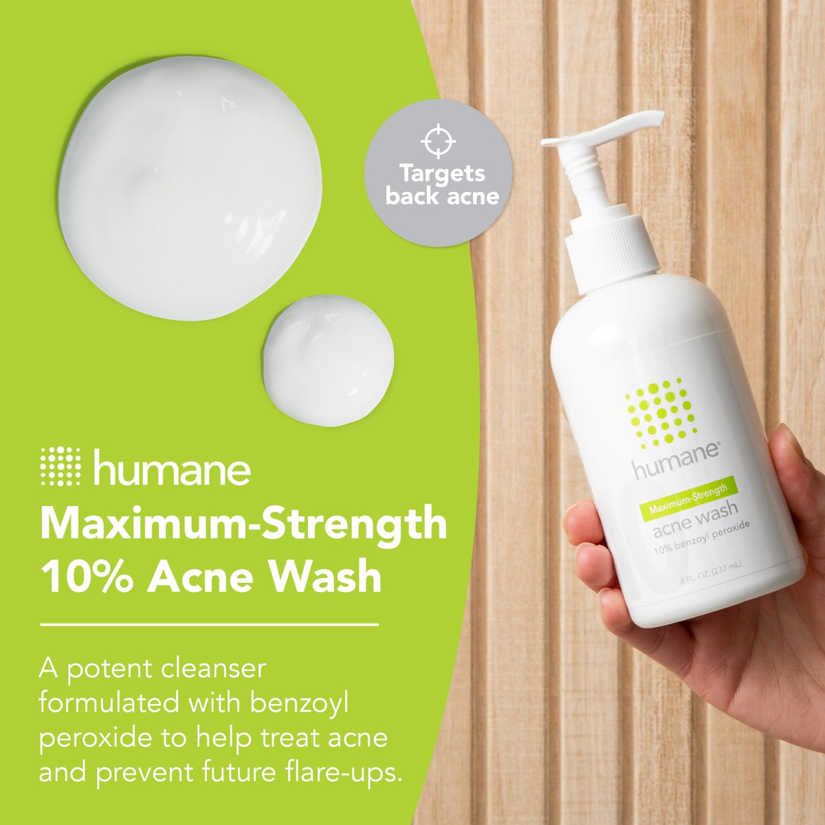 humane Acne Body Wash 10% Benzoyl Peroxide back view