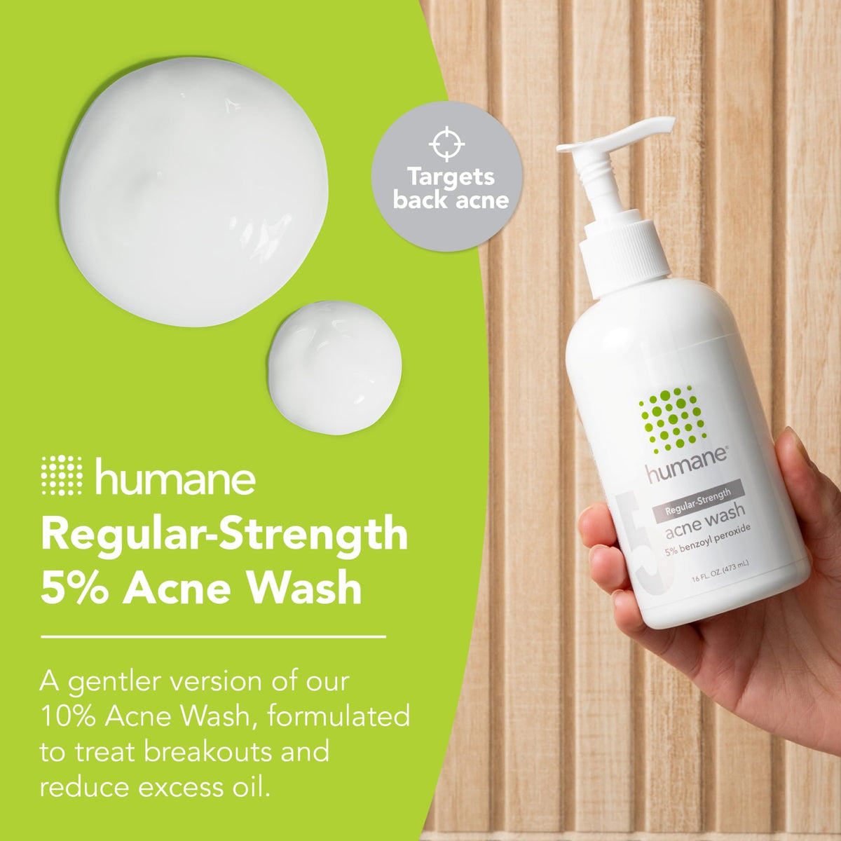 humane Benzoyl Peroxide Acne Face Wash back view with ingredient list
