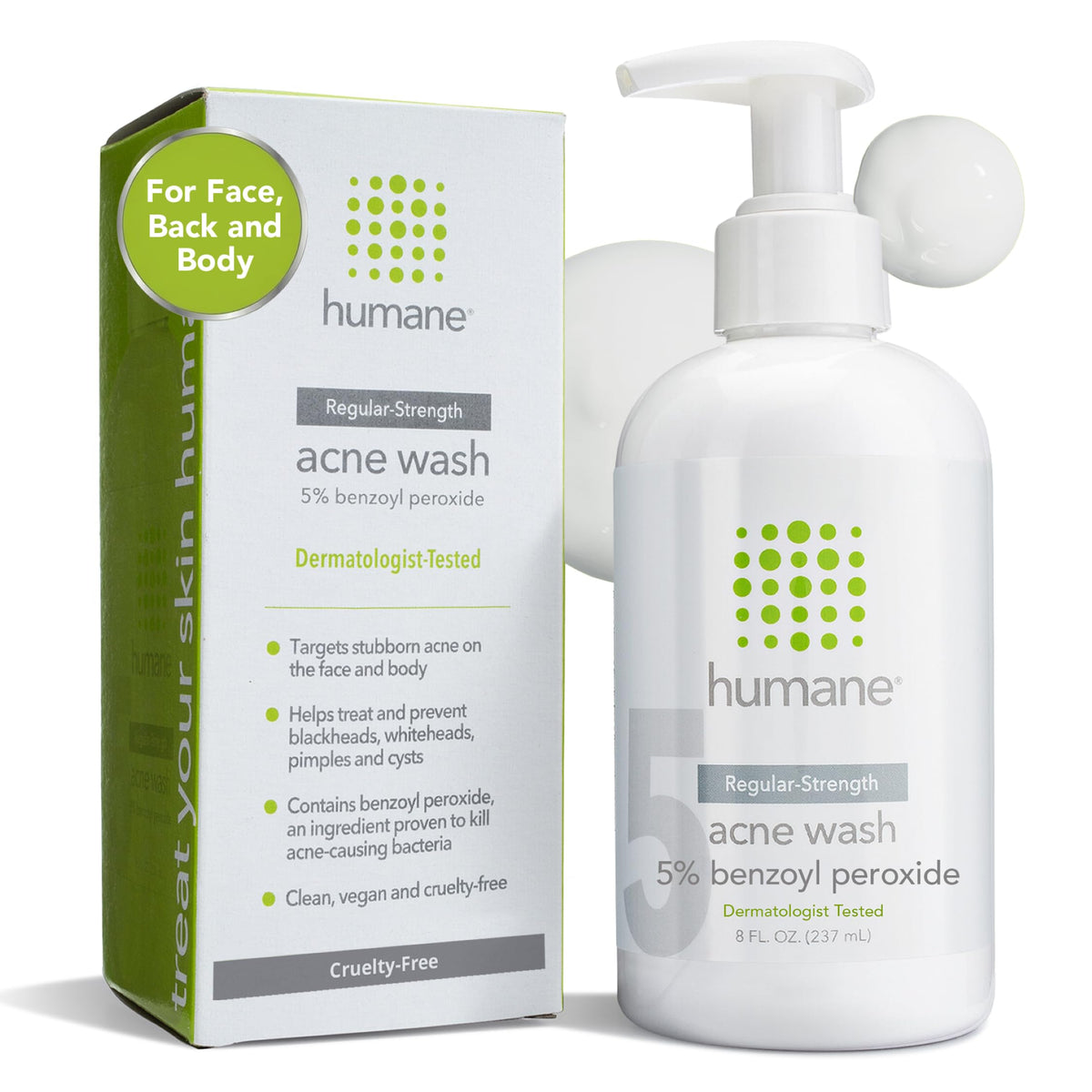 humane Benzoyl Peroxide Acne Face Wash front view, 8 FL. OZ. bottle