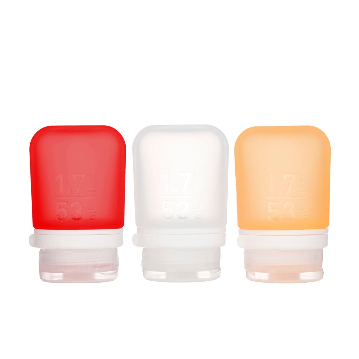 humangear GoToob+ 3-Pack small travel squeeze bottles in clear, red, and orange