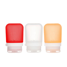 humangear GoToob+ 3-Pack small travel squeeze bottles in clear, red, and orange