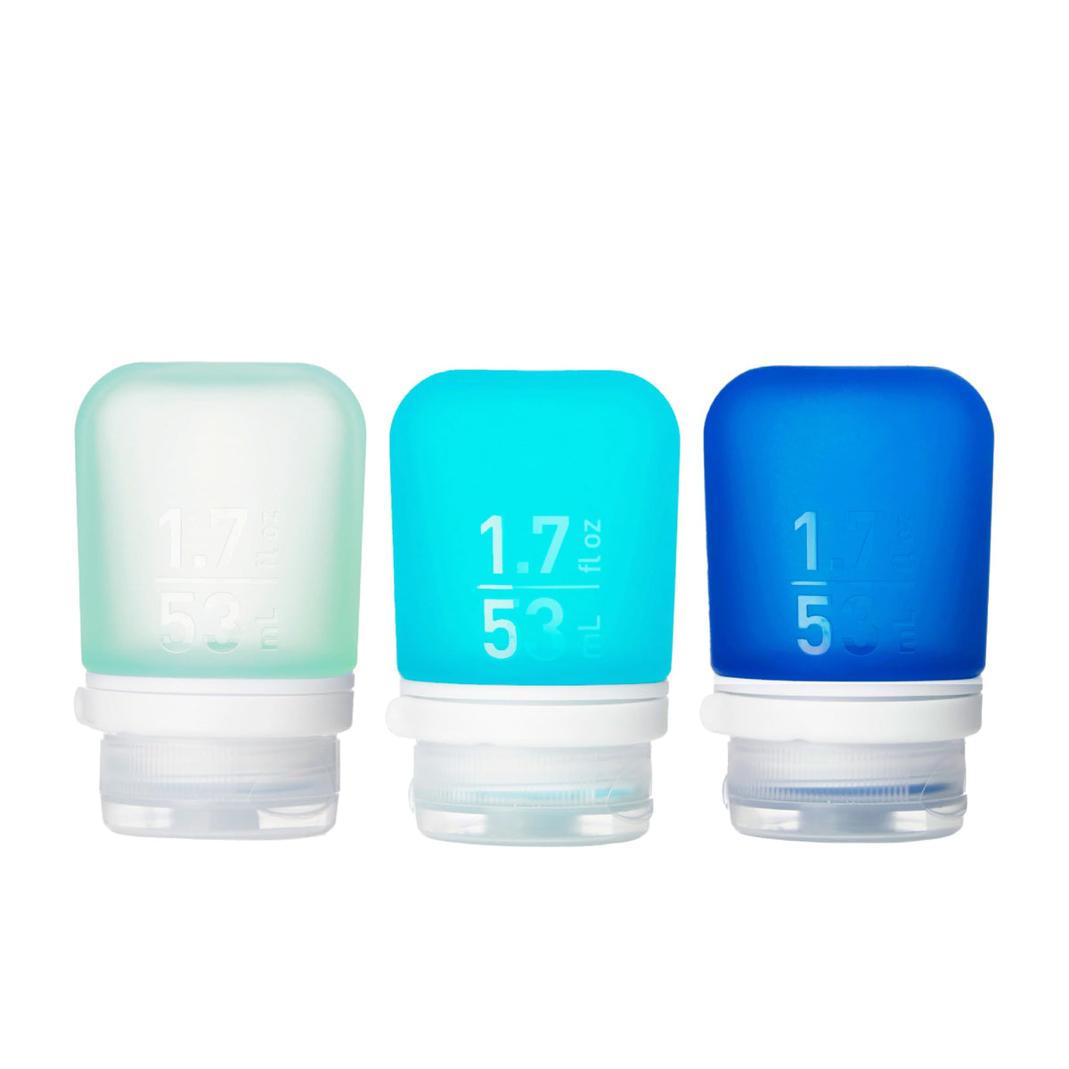 humangear GoToob+ 3-Pack squeeze bottles in mint, aqua, and teal