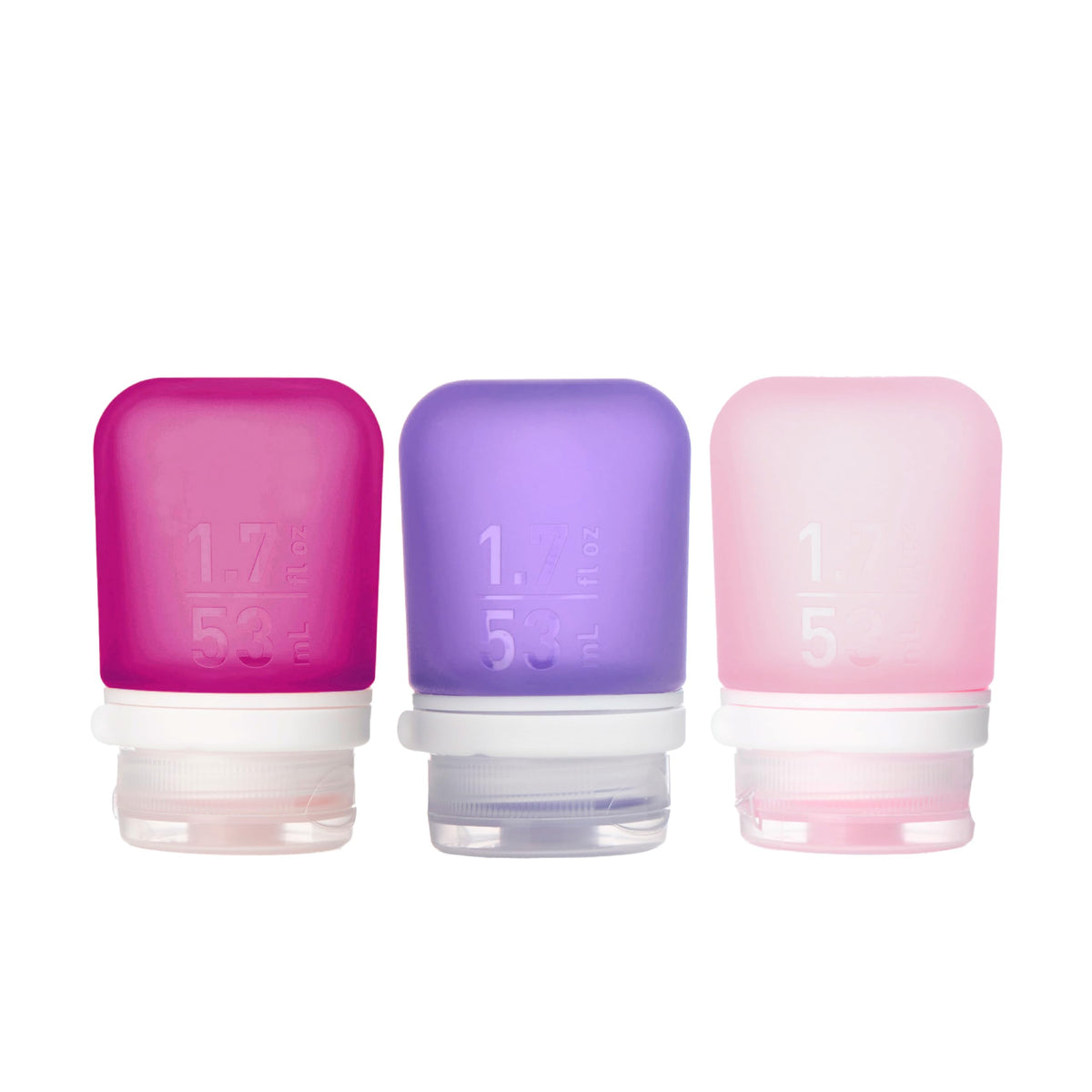 humangear GoToob+ 3-Pack squeeze bottles in Rose, Lilac, and Magenta