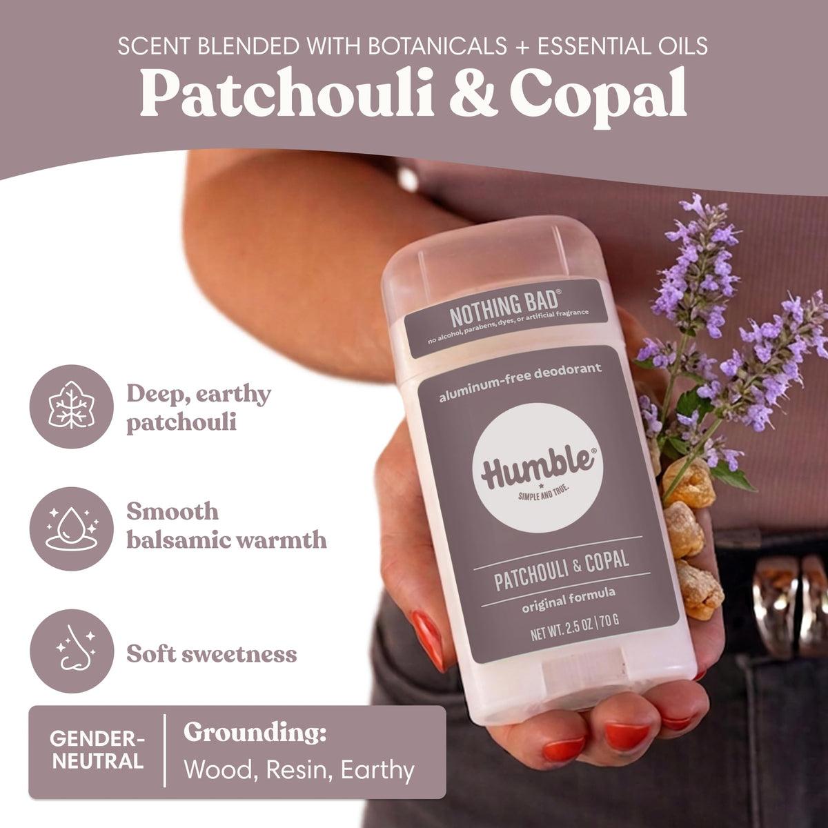 HUMBLE Aluminum-Free Deodorant 3 Pack displayed with natural elements