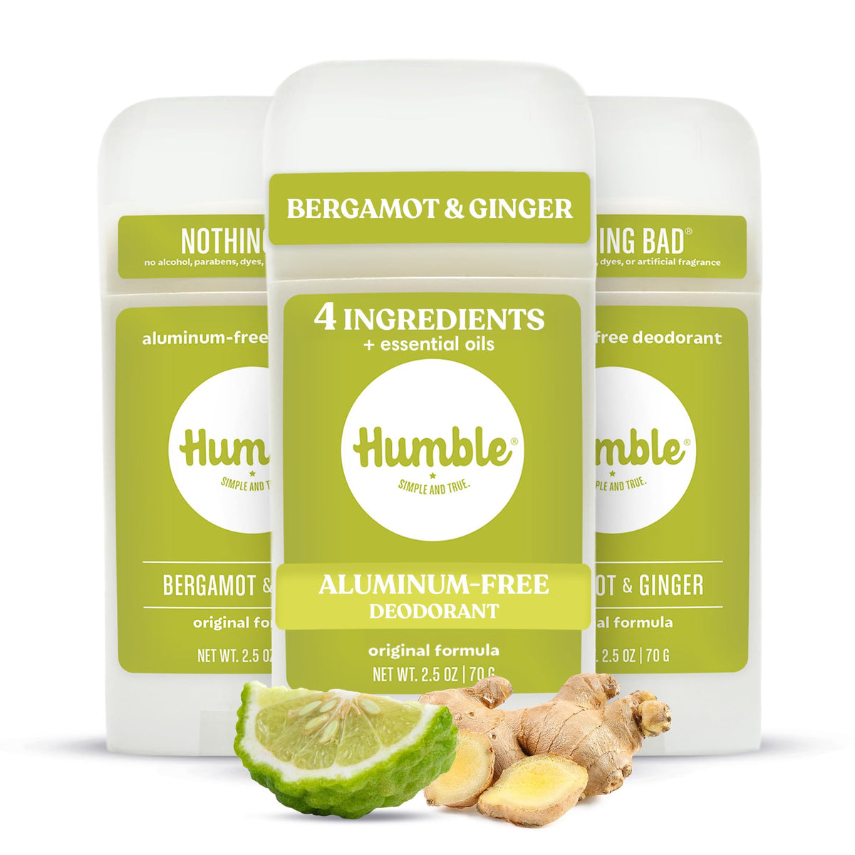 HUMBLE Aluminum-Free Deodorant 3-Pack front view with Bergamot & Ginger scent