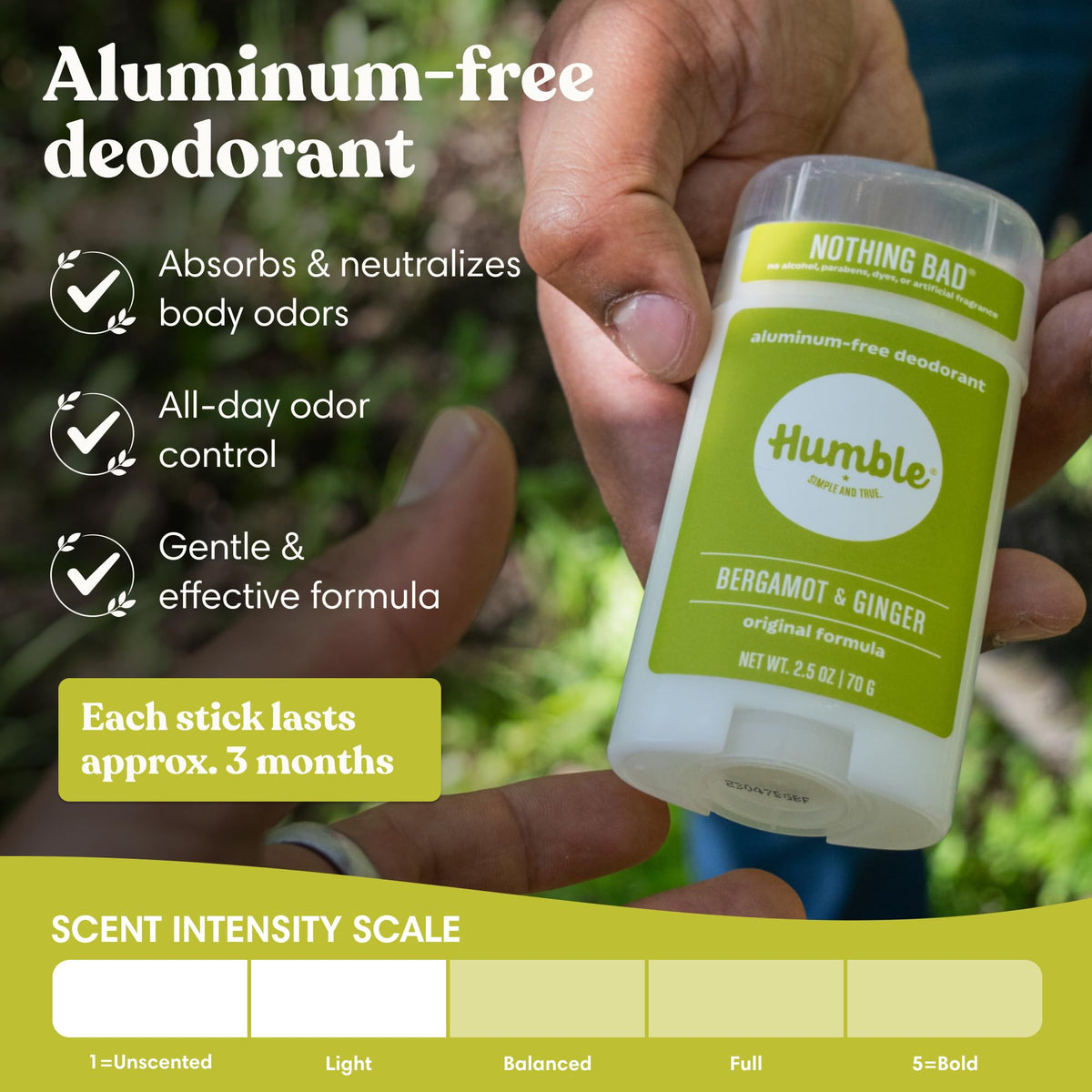 HUMBLE deodorant stick showing ingredients list on the back