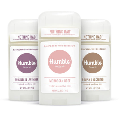 HUMBLE SIMPLE AND TRUE. Aluminum-Free Deodorant 3-Pack front view with Lavender, Rose, and Unscented options