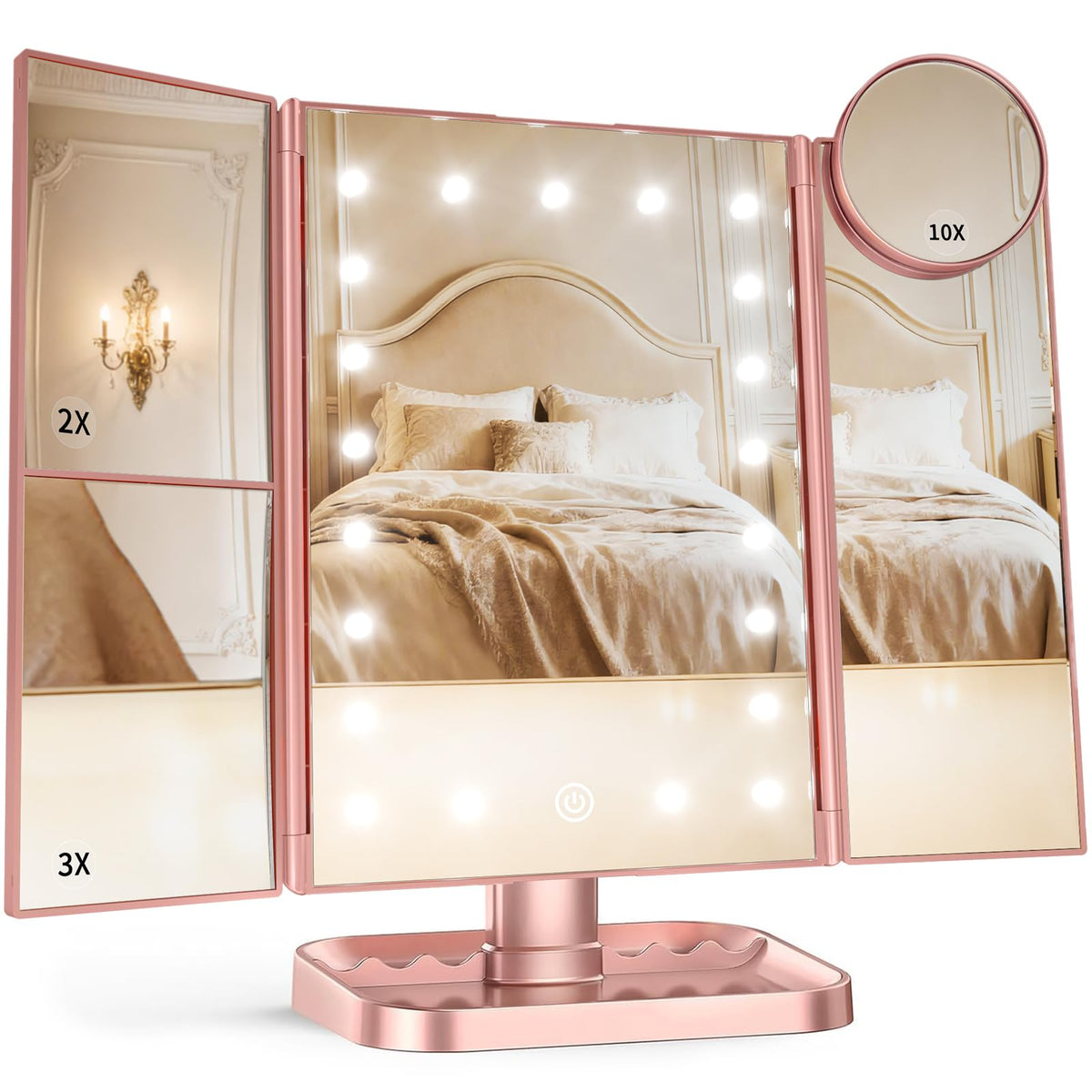 HUONUL Trifold Makeup Mirror front view with LED lighting