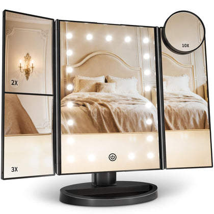 HUONUL Trifold Makeup Mirror front view with LED lighting