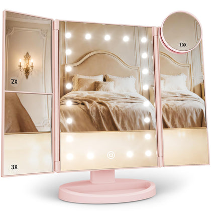 HUONUL trifold makeup mirror front view with LED lights