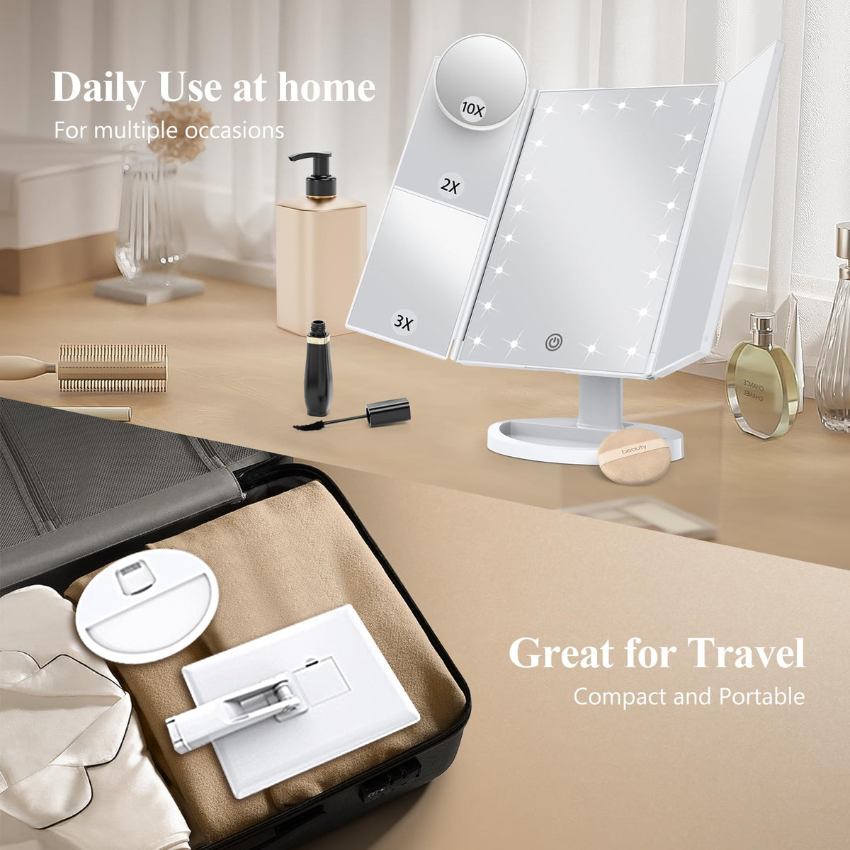 HUONUL Trifold Makeup Mirror in a well-lit room