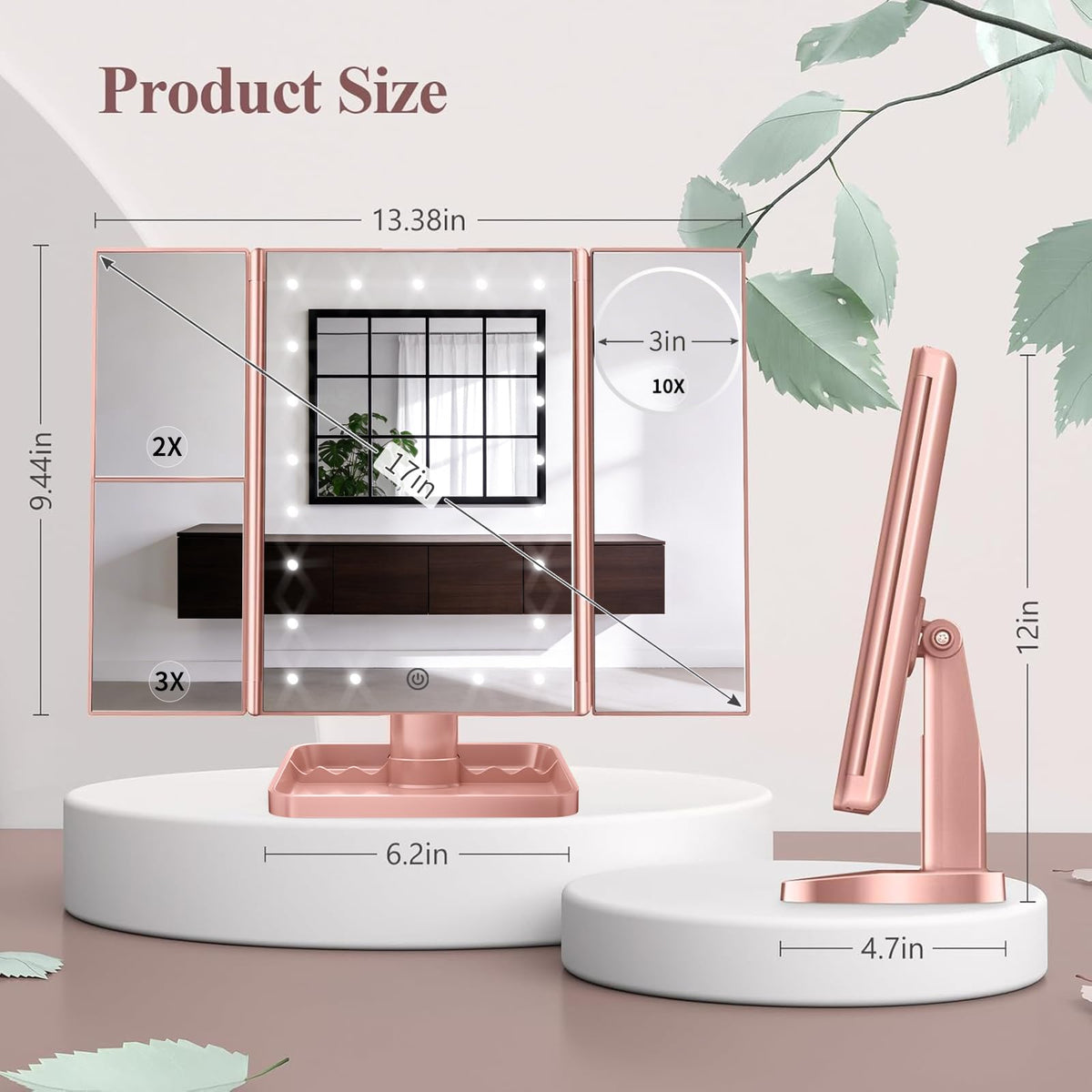 HUONUL Trifold Makeup Mirror on a vanity with makeup tools