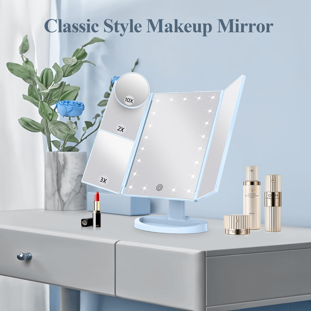 HUONUL Trifold Makeup Mirror packaging on a vanity
