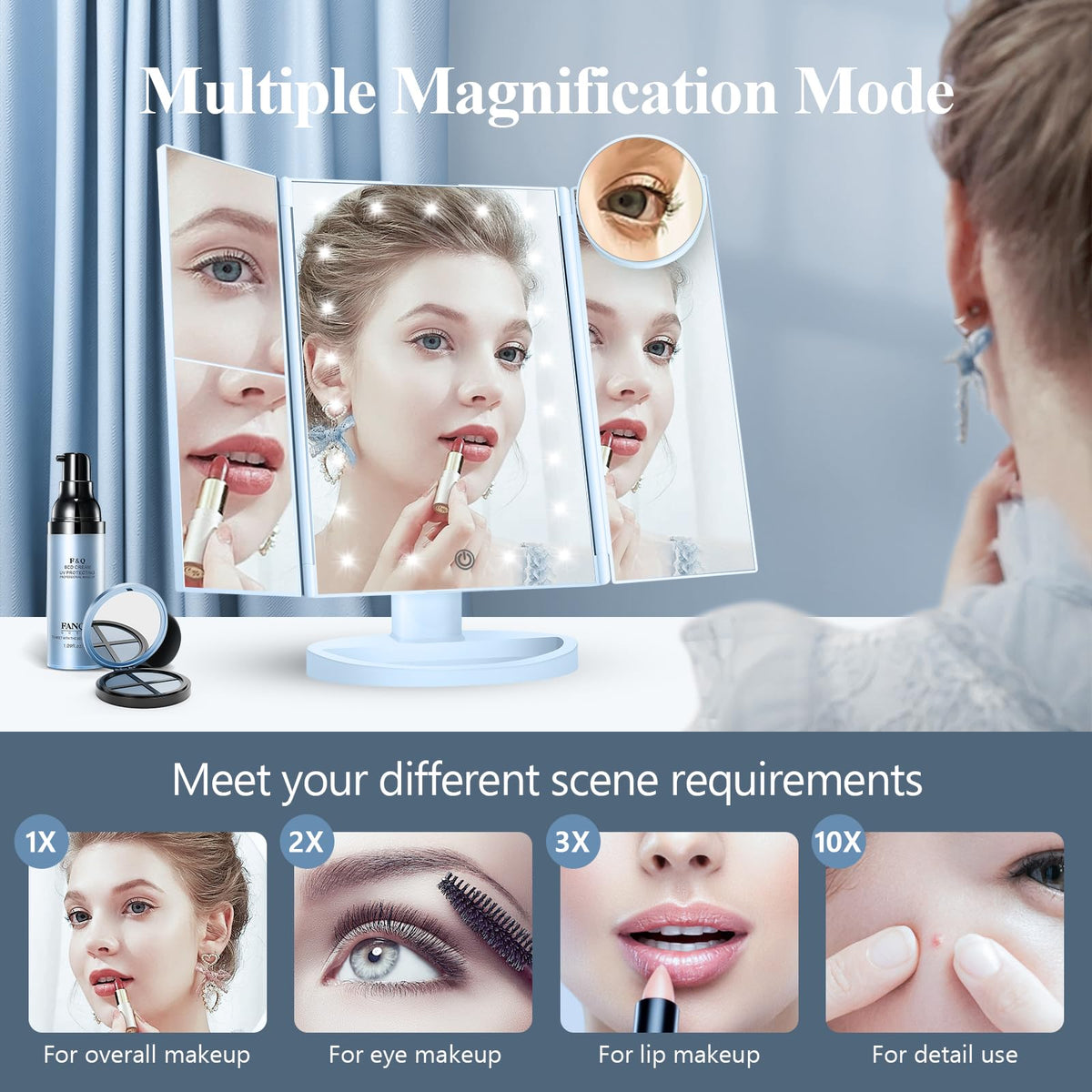 HUONUL Trifold Makeup Mirror side view showing magnification options