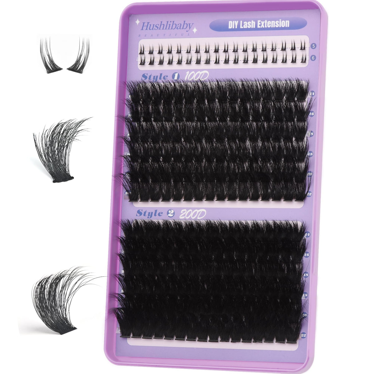 Hushlibaby Lash Clusters 100D+200D front view showing 3D fluffy design